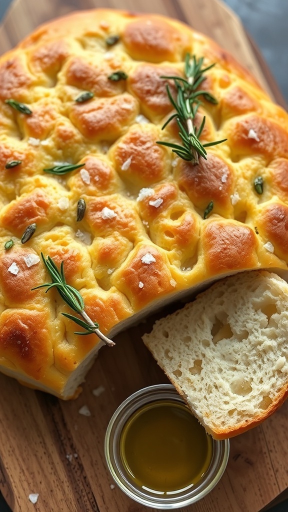 Golden-brown focaccia bread with dimples, garnished with rosemary and sea salt, on a wooden board with olive oil.